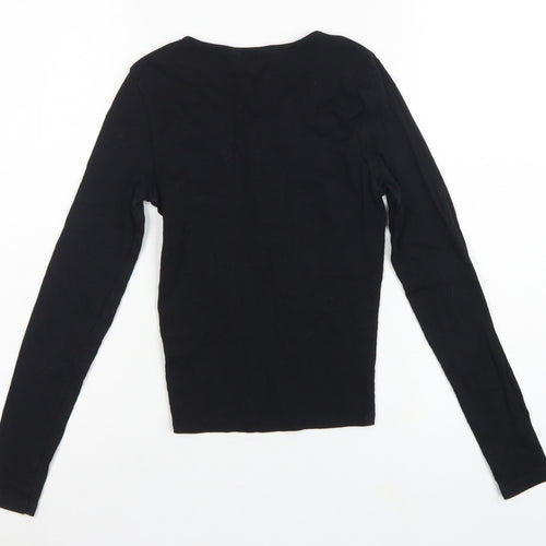 New Look Women Black UK 10 Ribbed Lace-Up V-Neck Long Sleeve Top