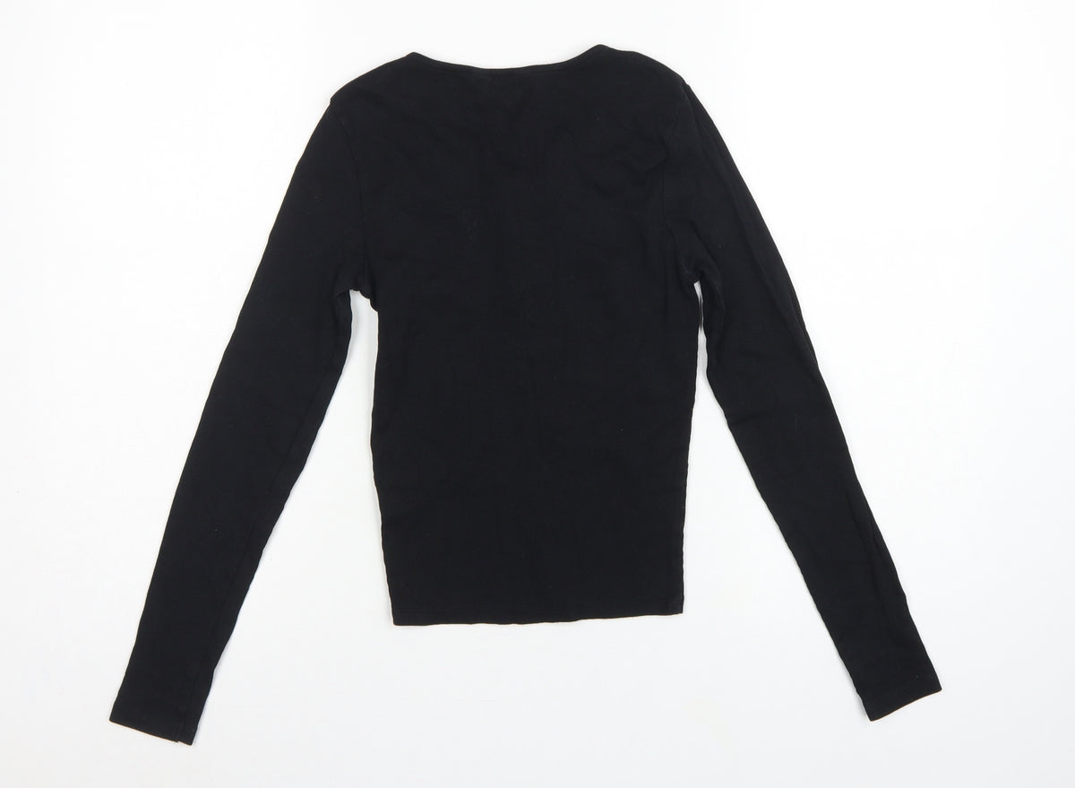 New Look Women Black UK 10 Ribbed Lace-Up V-Neck Long Sleeve Top