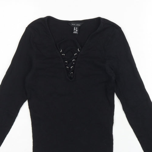 New Look Women Black UK 10 Ribbed Lace-Up V-Neck Long Sleeve Top
