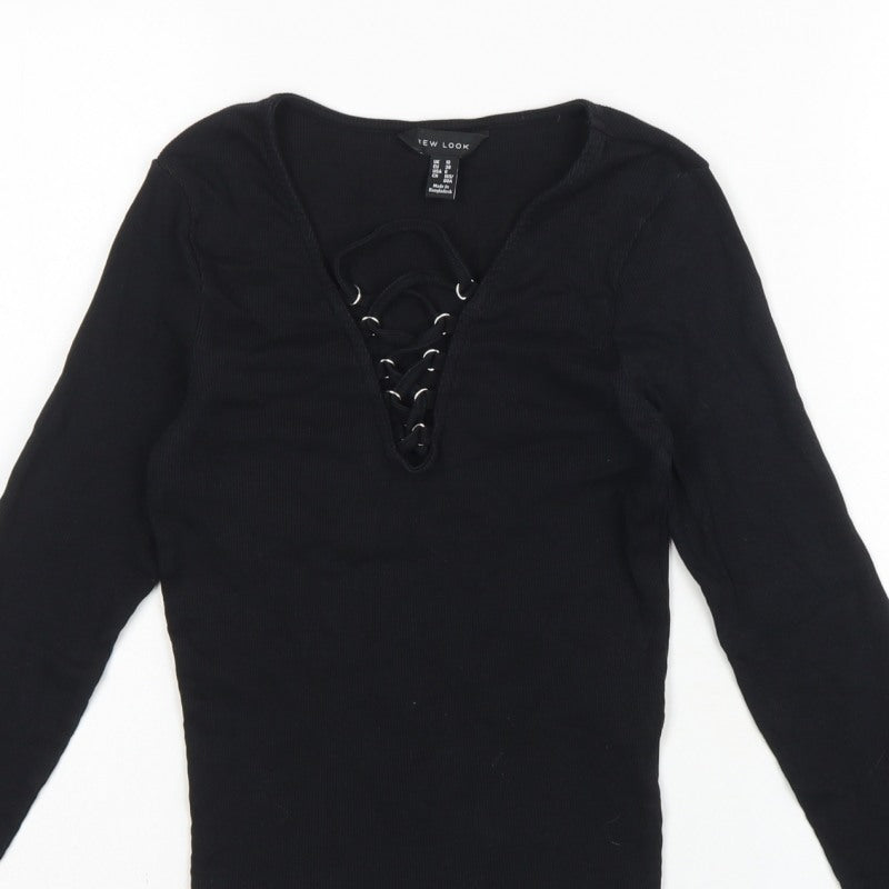 New Look Women Black UK 10 Ribbed Lace-Up V-Neck Long Sleeve Top
