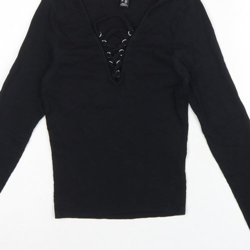 New Look Women Black UK 10 Ribbed Lace-Up V-Neck Long Sleeve Top