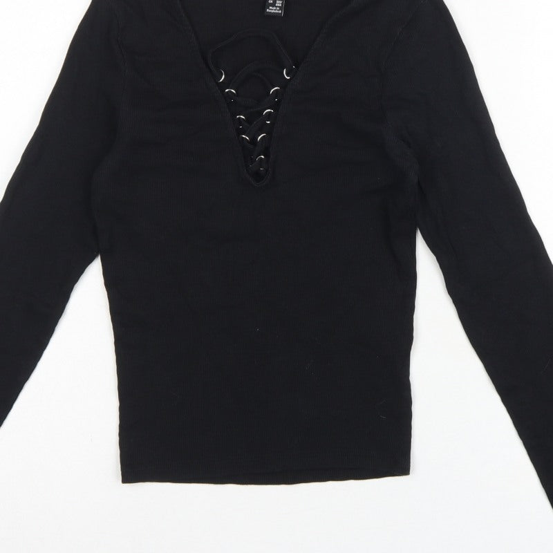 New Look Women Black UK 10 Ribbed Lace-Up V-Neck Long Sleeve Top