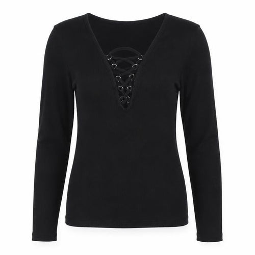 New Look Women Black UK 10 Ribbed Lace-Up V-Neck Long Sleeve Top