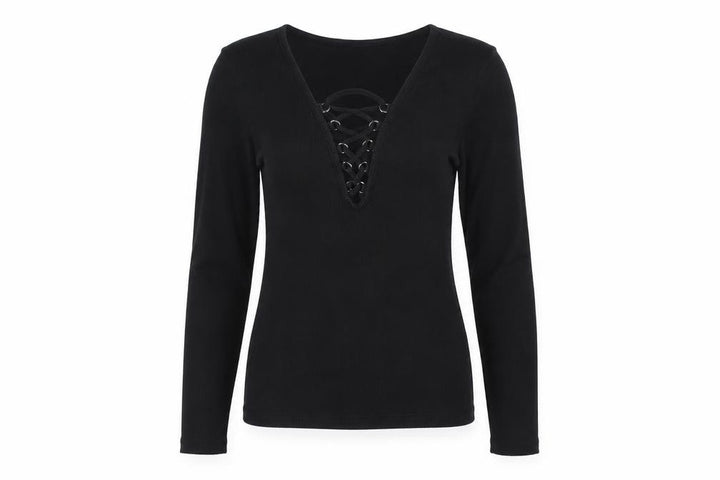 New Look Women Black UK 10 Ribbed Lace-Up V-Neck Long Sleeve Top