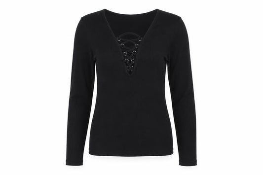 New Look Women Black UK 10 Ribbed Lace-Up V-Neck Long Sleeve Top