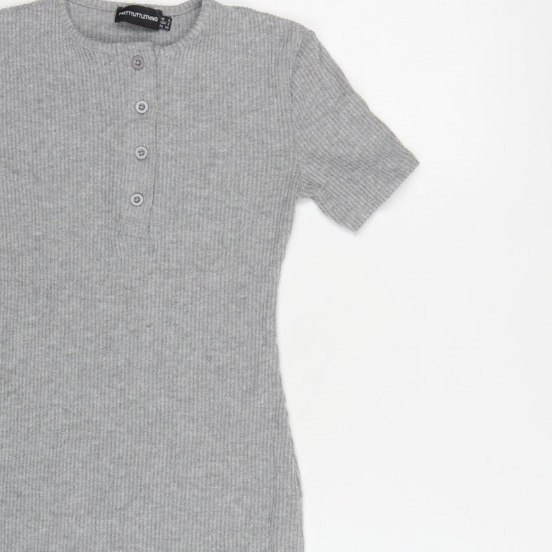 PrettyLittleThing Women Grey UK 6 Ribbed Knit Bodycon Knee Dress