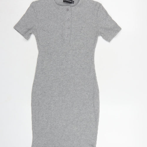 PrettyLittleThing Women Grey UK 6 Ribbed Knit Bodycon Knee Dress