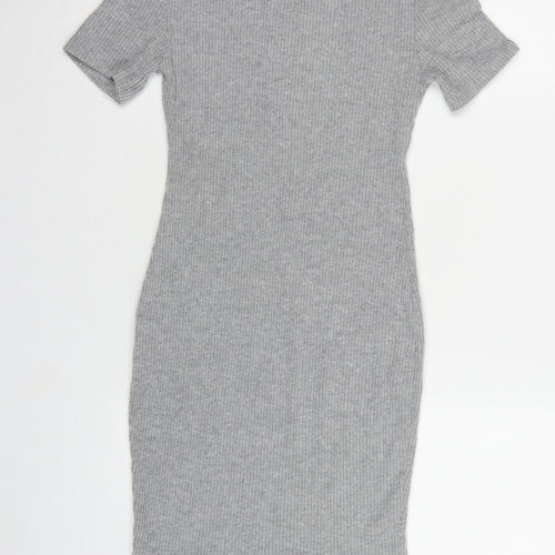 PrettyLittleThing Women Grey UK 6 Ribbed Knit Bodycon Knee Dress