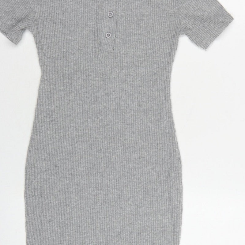 PrettyLittleThing Women Grey UK 6 Ribbed Knit Bodycon Knee Dress
