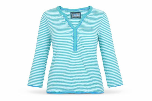 Boden Women Blue Striped Size 12 Long Sleeve V-Neck Henley T-Shirt