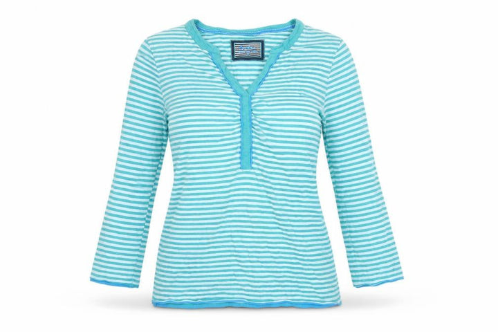 Boden Women Blue Striped Size 12 Long Sleeve V-Neck Henley T-Shirt