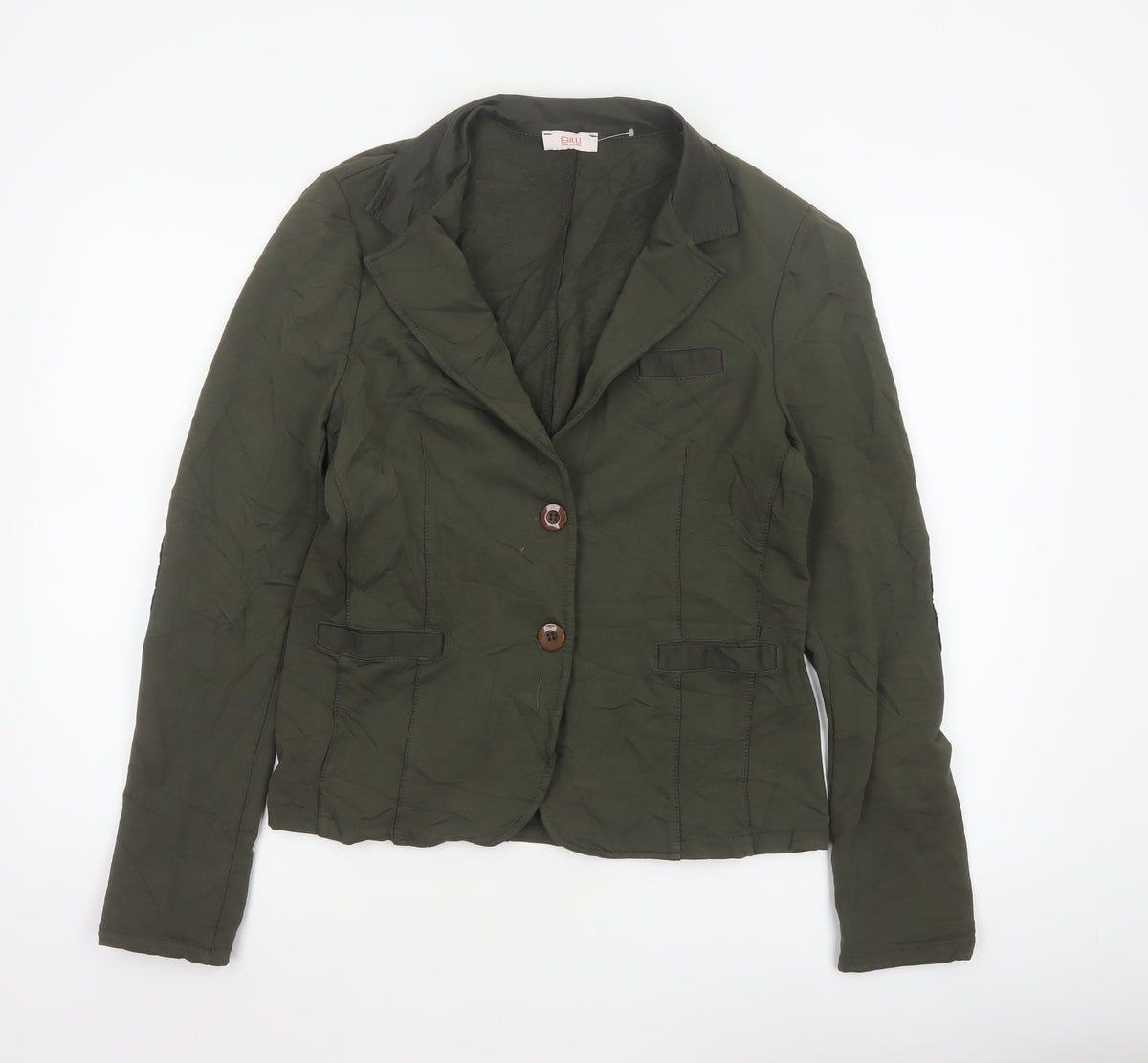 Back view of Billi Women Green M Cotton Stretch 2 Button Notch Lapel Blazer Jacket