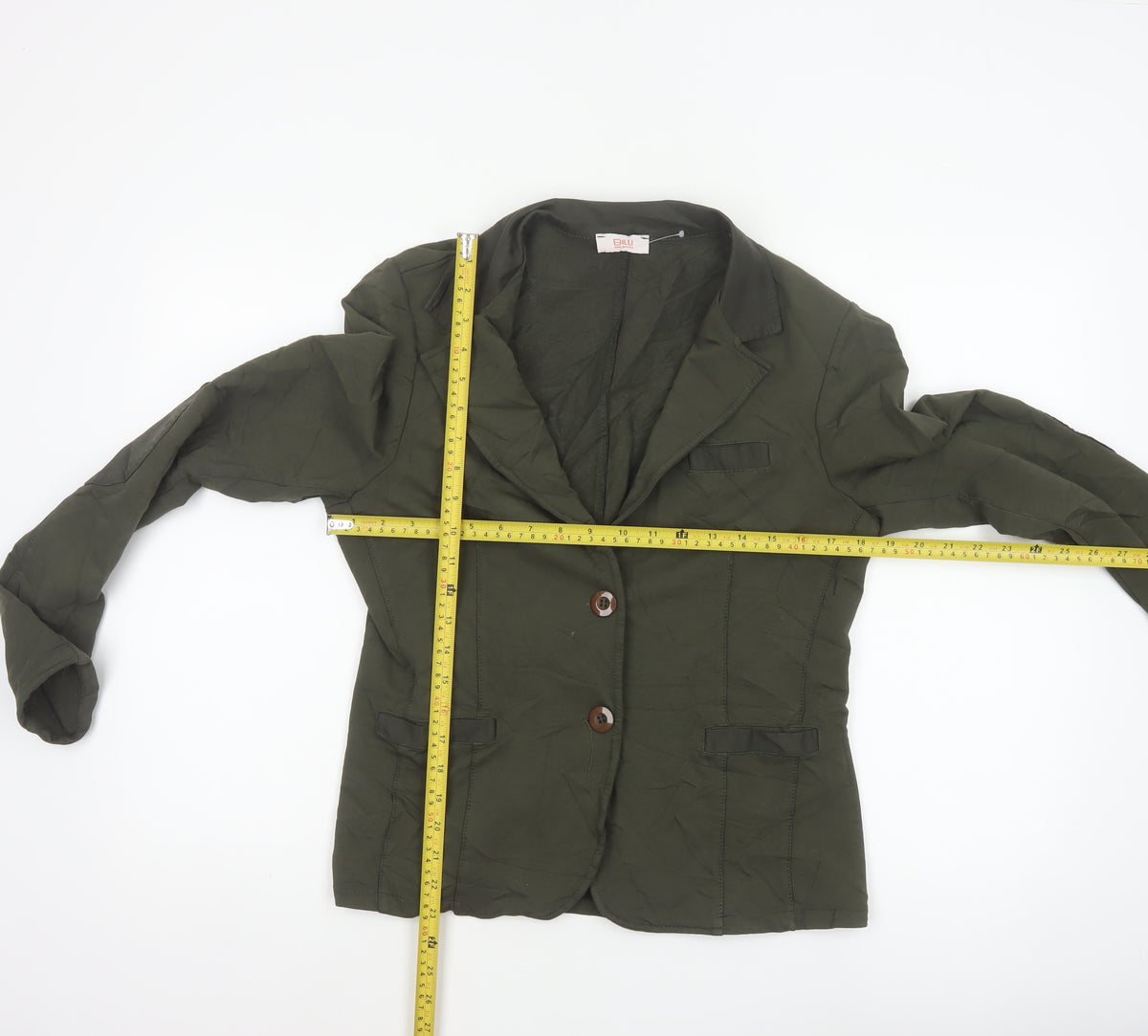 Close-up detail of Billi Women Green M Cotton Stretch 2 Button Notch Lapel Blazer Jacket
