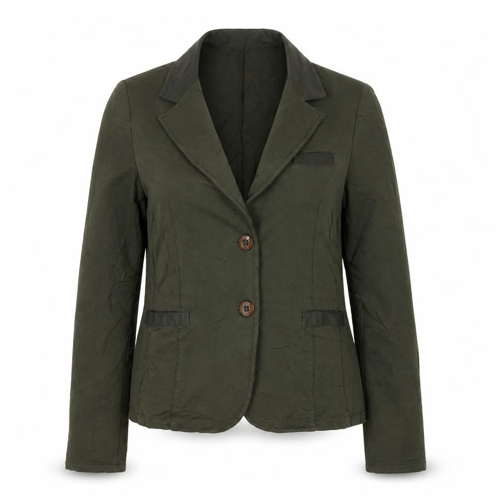 Front view of Billi Women Green M Cotton Stretch 2 Button Notch Lapel Blazer Jacket