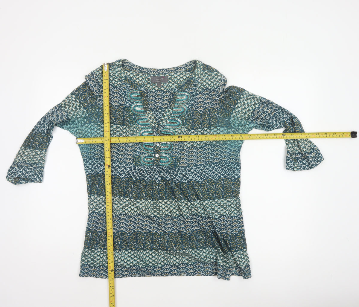 Close-up detail of Per Una Women Blue Geometric Sequin Cotton Tunic Blouse UK 12