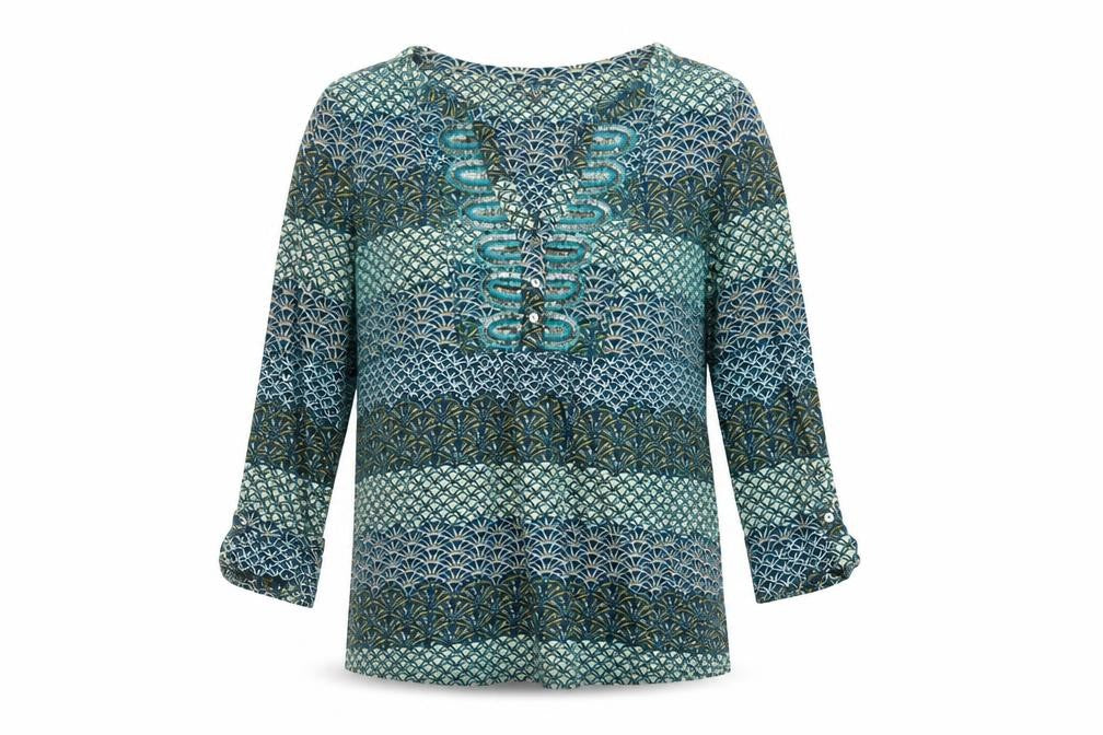 Front view of Per Una Women Blue Geometric Sequin Cotton Tunic Blouse UK 12