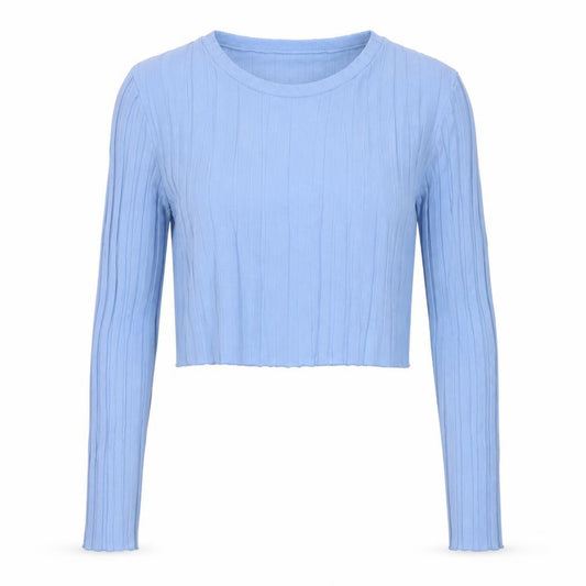 MAMA Women Blue L Cropped Rib Knit Long Sleeve Maternity Top