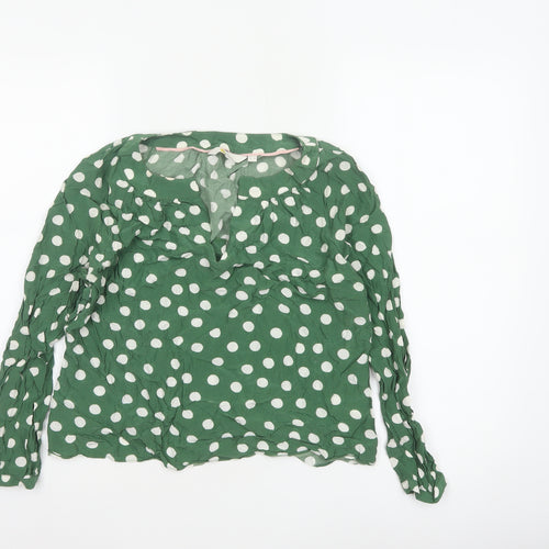 Boden Women Green UK 12 Petite Polka Dot V-Neck Ruffle Blouse