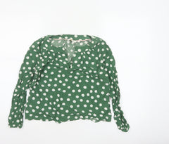 Boden Women Green UK 12 Petite Polka Dot V-Neck Ruffle Blouse
