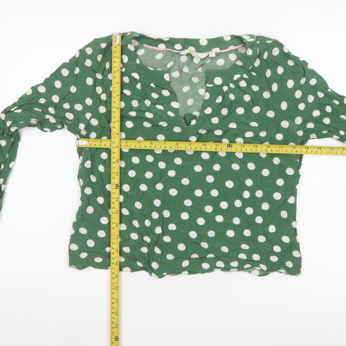 Boden Women Green UK 12 Petite Polka Dot V-Neck Ruffle Blouse