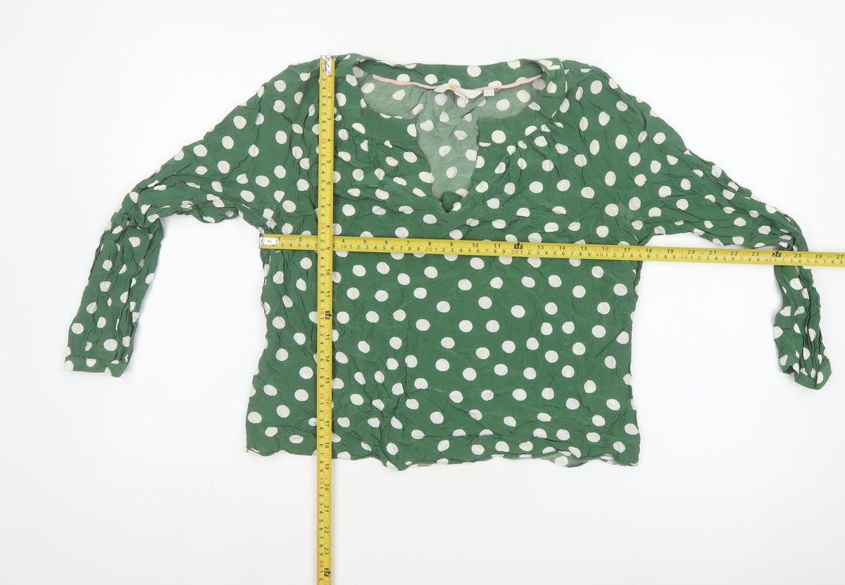 Boden Women Green UK 12 Petite Polka Dot V-Neck Ruffle Blouse