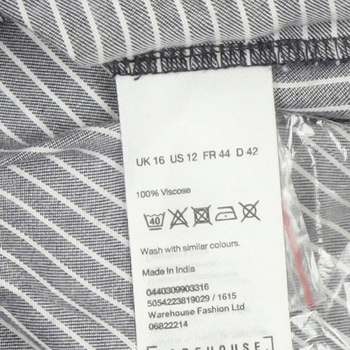 Warehouse Women Grey Stripe Shirt Dress UK 16 Collared Long Sleeve