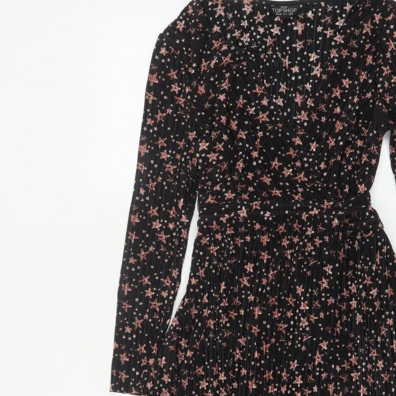 Topshop Women Black Star Print Petite UK 8 Pleated Wrap Dress