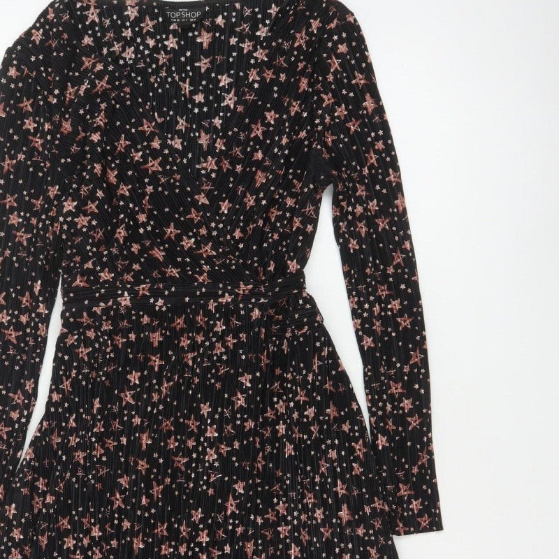 Topshop Women Black Star Print Petite UK 8 Pleated Wrap Dress