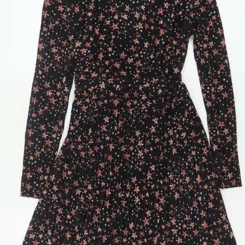 Topshop Women Black Star Print Petite UK 8 Pleated Wrap Dress