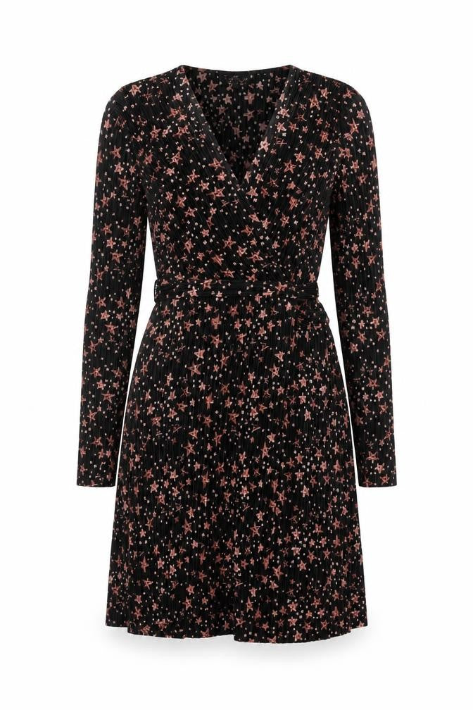 Topshop Women Black Star Print Petite UK 8 Pleated Wrap Dress