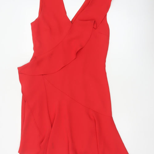 Reiss Women Red UK 10 Fit & Flare Ruffle V-Neck Cocktail Dress
