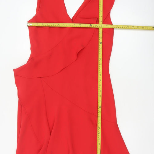 Reiss Women Red UK 10 Fit & Flare Ruffle V-Neck Cocktail Dress