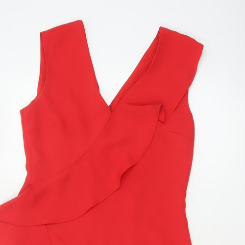 Reiss Women Red UK 10 Fit & Flare Ruffle V-Neck Cocktail Dress