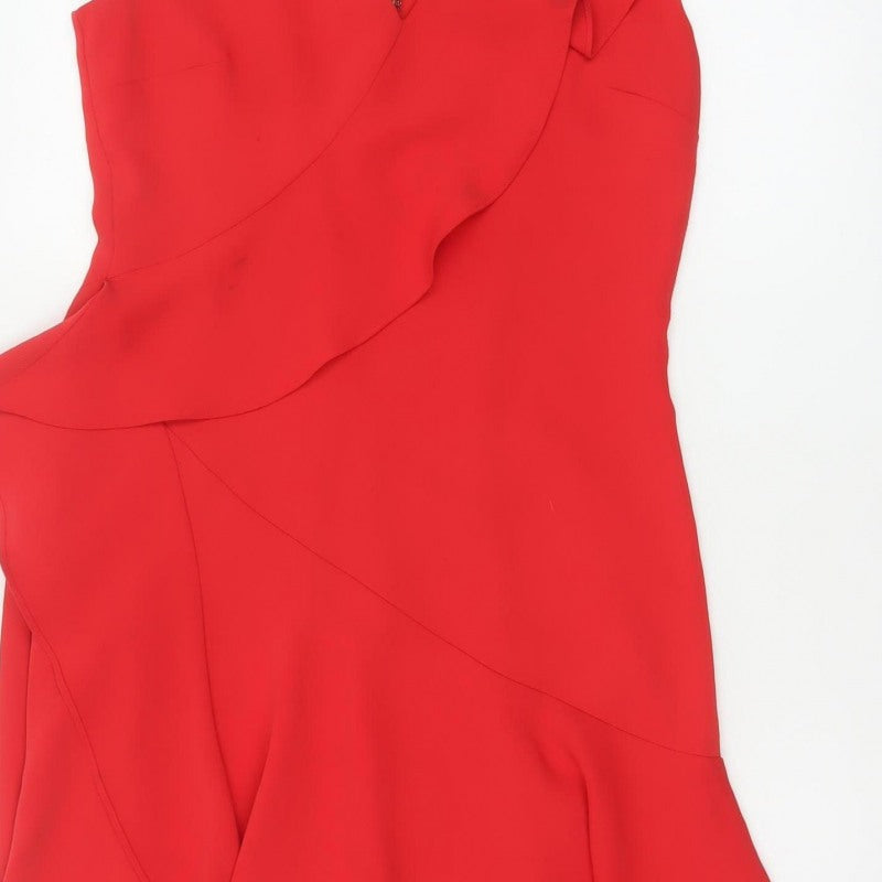 Reiss Women Red UK 10 Fit & Flare Ruffle V-Neck Cocktail Dress