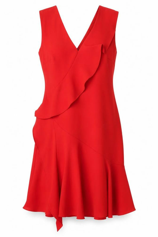 Front view of Reiss Women Red UK 10 Fit & Flare Ruffle V-Neck Cocktail Dress