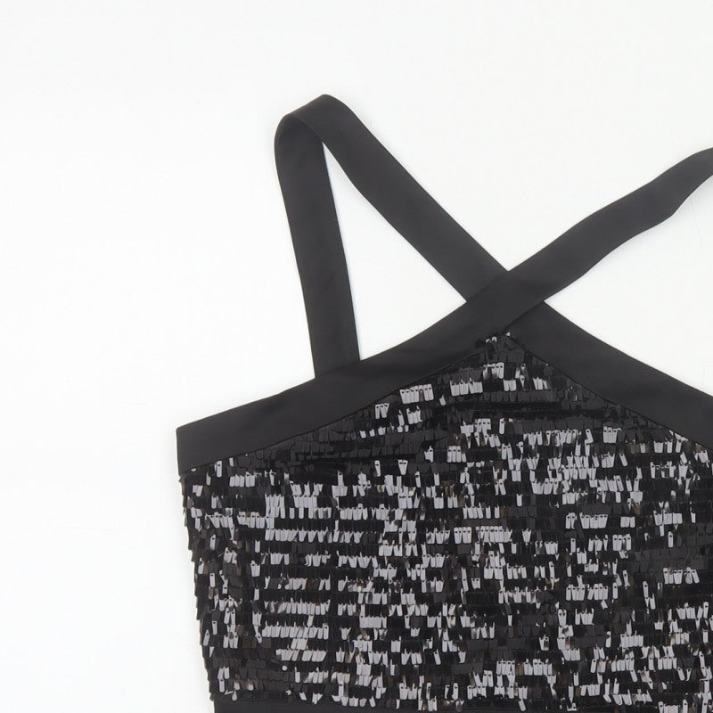 Zara Basic Women Black M Sequin Cropped Crossover Strap Party Tank Top