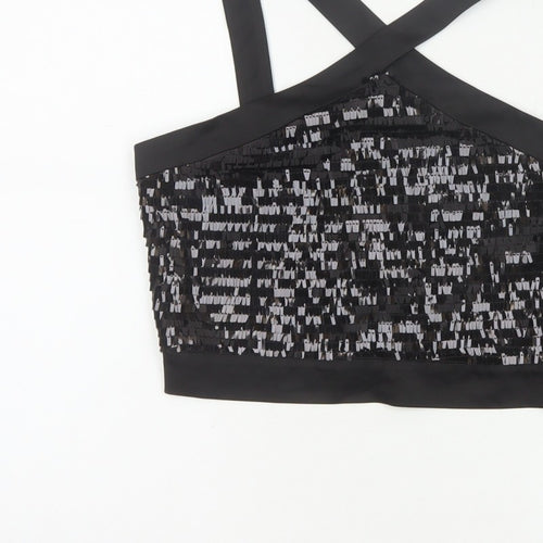 Zara Basic Women Black M Sequin Cropped Crossover Strap Party Tank Top