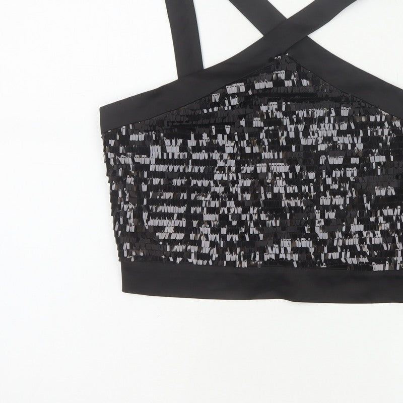 Zara Basic Women Black M Sequin Cropped Crossover Strap Party Tank Top
