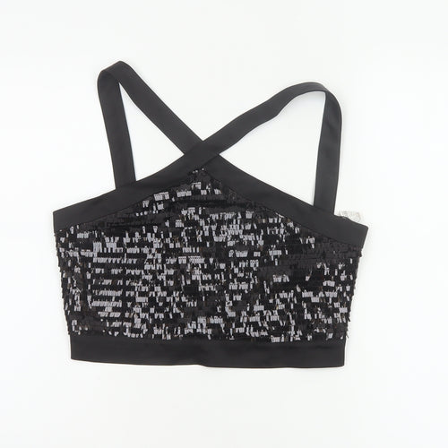 Zara Basic Women Black M Sequin Cropped Crossover Strap Party Tank Top