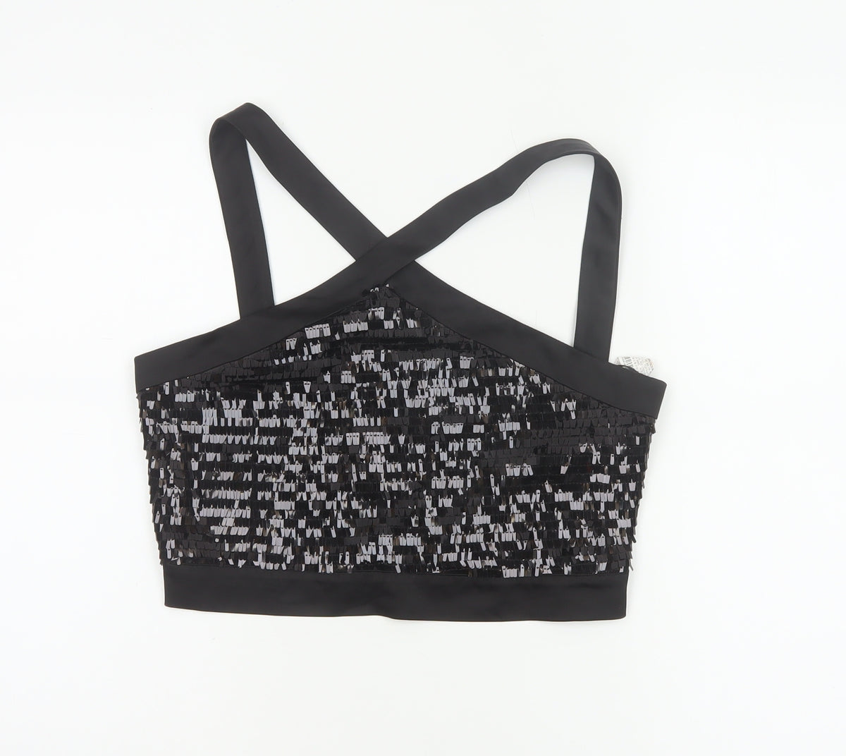 Zara Basic Women Black M Sequin Cropped Crossover Strap Party Tank Top