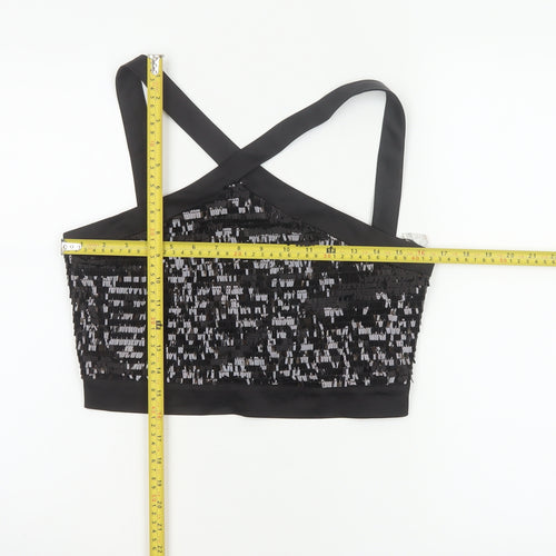 Zara Basic Women Black M Sequin Cropped Crossover Strap Party Tank Top