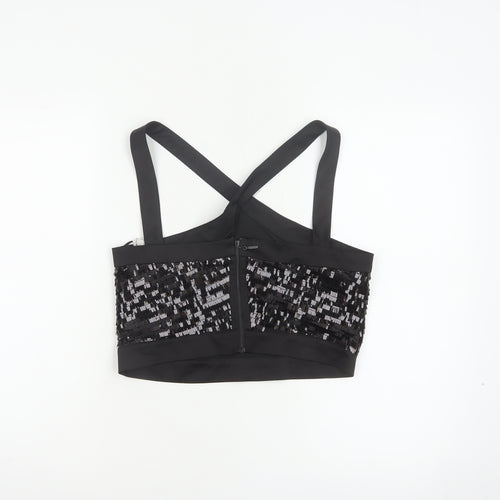 Zara Basic Women Black M Sequin Cropped Crossover Strap Party Tank Top