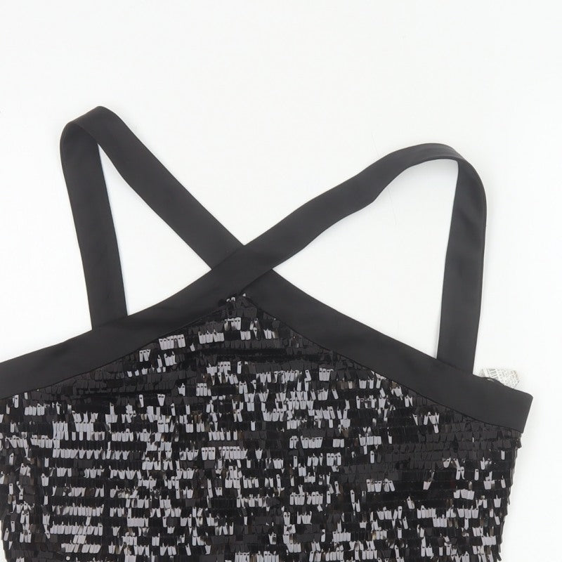Zara Basic Women Black M Sequin Cropped Crossover Strap Party Tank Top