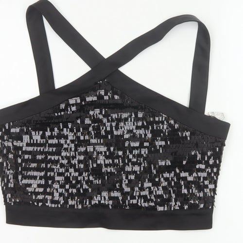 Zara Basic Women Black M Sequin Cropped Crossover Strap Party Tank Top