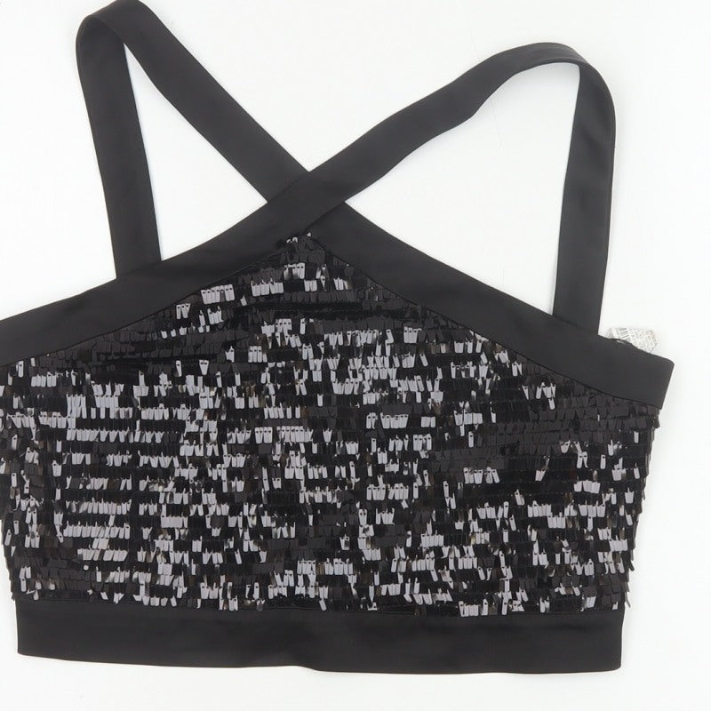 Zara Basic Women Black M Sequin Cropped Crossover Strap Party Tank Top