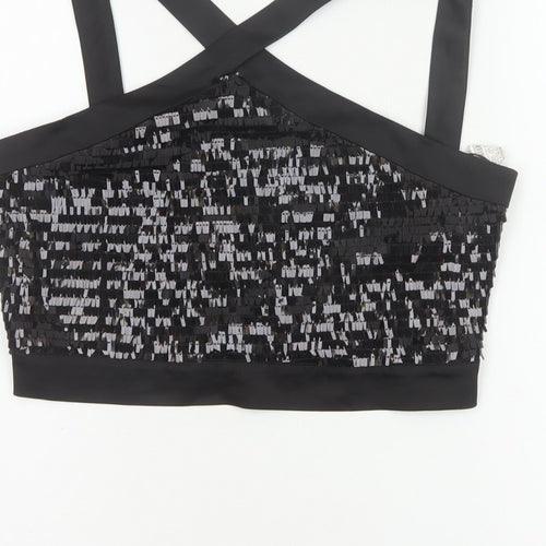 Zara Basic Women Black M Sequin Cropped Crossover Strap Party Tank Top