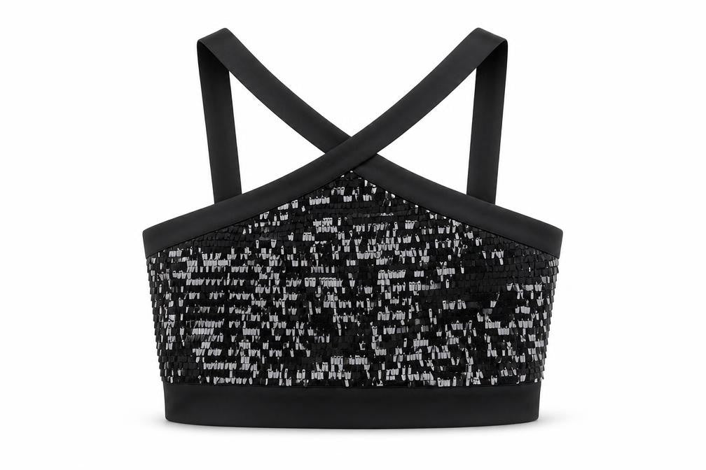 Zara Basic Women Black M Sequin Cropped Crossover Strap Party Tank Top