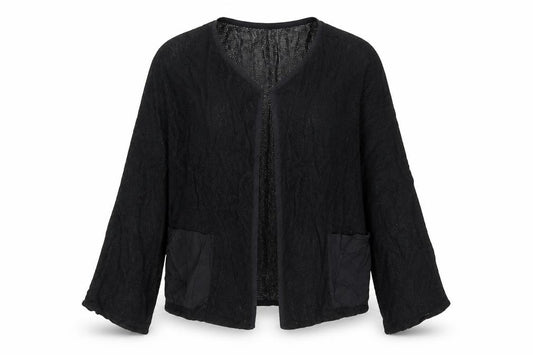 Masai Women Black L Open Knit V-Neck Pocket Cardigan Relaxed