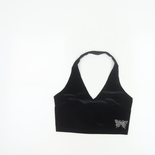 Urban Renewal Women Black S Velvet Halter Crop Top Rhinestone Butterfly