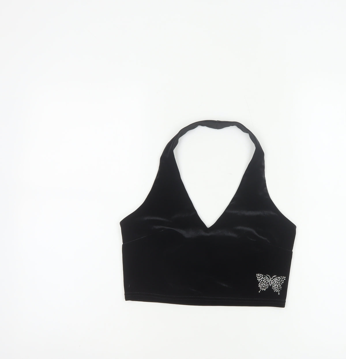 Urban Renewal Women Black S Velvet Halter Crop Top Rhinestone Butterfly